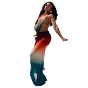 Women's beach mesh set featuring orange gradient halter crop top and bodycon maxi skirt