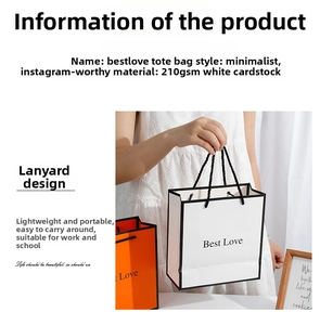 Detail of 210g thick white cardboard gift bag with Best Love logo and woven handle