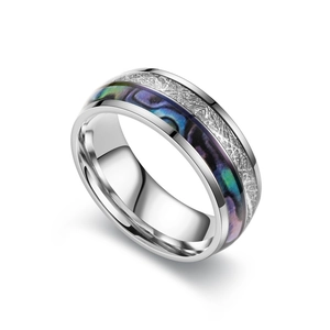Close-up of titanium steel ring with iridescent abalone shell and ice texture inlay
