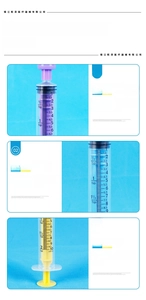 Detail view of 10ml plastic medical syringe with clear scale markings and colored plunger