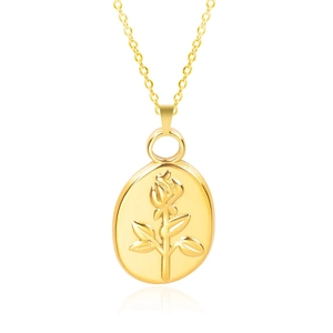 Detailed macro view of 18k gold plated oval necklace featuring an embossed rose relief