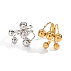 Minimalist geometric multi-layer stainless steel open ring with metal beads in gold and silver