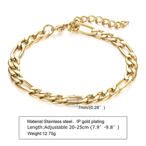 7mm gold-plated stainless steel Figaro chain detail with sizing and weight specs