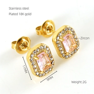 Detail of 18K gold plated stainless steel stud earrings with pink zircon stone inlay
