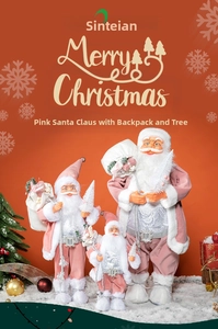 Three sizes of pink velvet Santa Claus dolls with white gift bags and mini trees