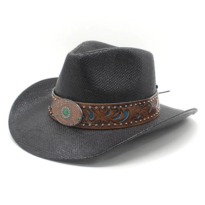 Classic black western cowboy hat with vintage turquoise concho band on white background
