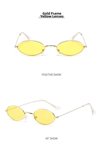 Detail view of retro oval sunglasses with thin gold metal frame and yellow ocean lenses