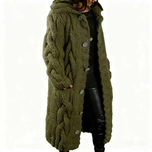 Detailed cable knit texture and button closure on olive green hooded cardigan