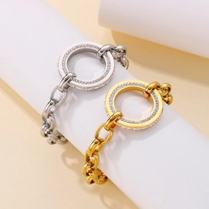 Hip hop chunky chain bracelets in gold and silver with hollow iced out circle pendants