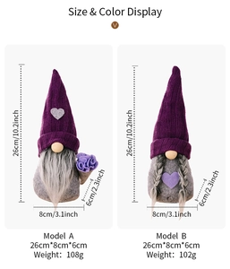 Size and weight details for purple knitted Christmas gnome dolls in Model A and Model B styles