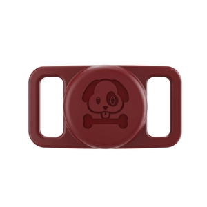 Macro view of a deep red silicone AirTag case for pet collars featuring a dog bone design