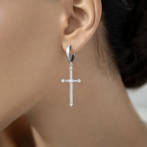 925 Sterling silver hoop earrings with a sparkling zircon encrusted cross pendant