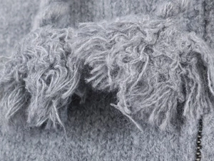Close-up of light grey star jacquard knit cardigan with faux fur trim and metal zipper