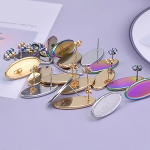 Three-color oval stainless steel stud earring bases with butterfly backings