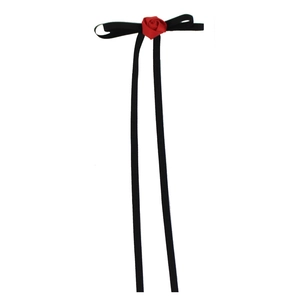 Elegant black velvet long ribbon choker with a layered red fabric rose floral accent