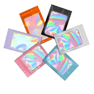 Holographic resealable bags with colorful borders in six vibrant multi-colored options