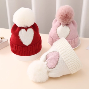 Baby Knitted Beanie Hat Acrylic Jacquard Heart Gold Lurex Faux Fur Pom Pom Winter Warm Windproof Infant Toddler