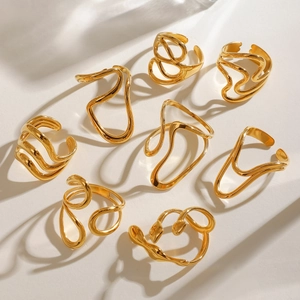 Irregular hollow line stainless steel open rings with gold plated wavy design