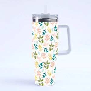40oz stainless steel tumbler with green yellow leaf print, handle, lid and straw