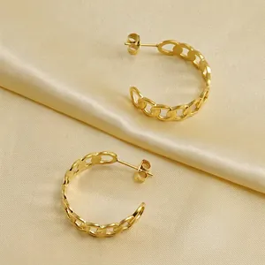 Interlocking Chain Hoop Earrings 18K Gold Plated Stainless Steel Geometric Cuban Link C Shaped Punk Style Jewelry Women