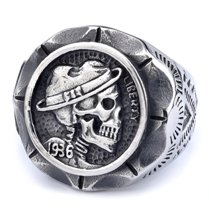 Vintage punk skull ring with Liberty 1936 engraving in distressed silver steel finish