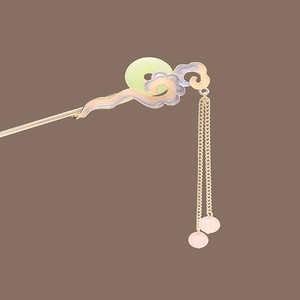 Golden Chinese hair pin with auspicious clouds, green jade-style ring, and pink tassels