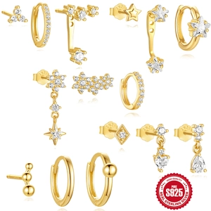 925 Sterling Silver Stud Earrings Set For Women Zirconia Star Heart Hexagram Geometric Gold Plated Fashion Jewelry Accessories