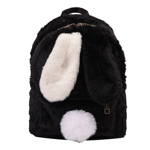 Cute bunny ear lamb wool backpack with white tail on black plush faux fur for women