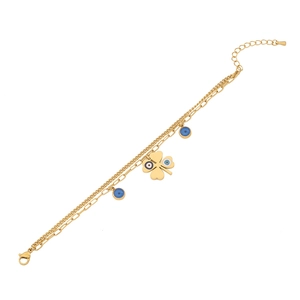 Double-layered gold chain necklace with blue evil eye charms and a four-leaf clover detail