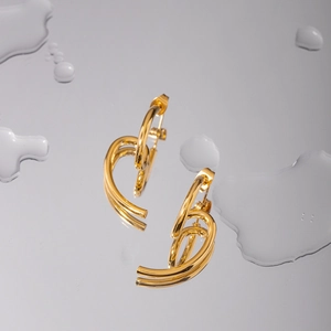 18k gold plated stainless steel double-layered arc earrings on water-drop background