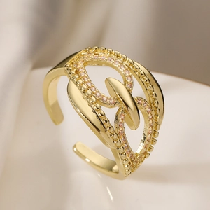 Minimalist hollow gold ring with pink zircon stones and adjustable open wave design
