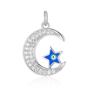 Macro detail of crescent moon pendant with blue enamel evil eye and cubic zirconia stones