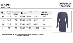 Size chart for slim backless mini dress with silver threads, showing XS to L measurements
