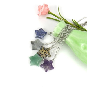 Five natural crystal star pendant necklaces in amethyst and jade on thin silver chains