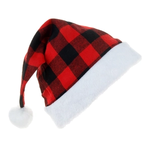 Classic red and black buffalo plaid Christmas hat with plush white trim and pom-pom topper