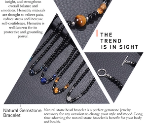 Detail of natural gemstone bracelets with hematite beads and T-bar toggle clasp