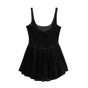 Elegant black velvet corset mini dress with adjustable straps and pleated hem detail