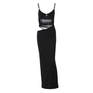 Chic black spaghetti strap maxi dress with mesh panels and waist cut-outs on white background