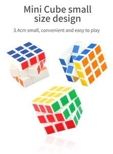 Close-up of 3.4cm mini 3x3 speed cubes with white base and colorful stickers