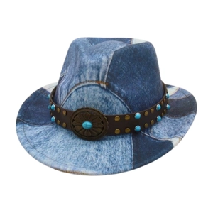 Kids western jazz hat in light blue denim with turquoise studs and vintage metal flower