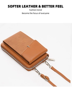 Brown textured PU leather phone crossbody bag with front flap pocket and adjustable strap