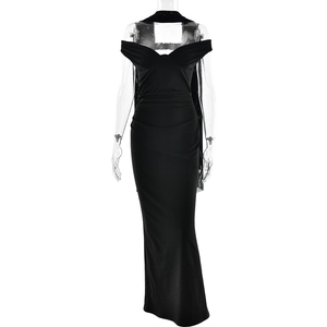 Elegant black off-the-shoulder mesh evening gown with slim fit fishtail silhouette