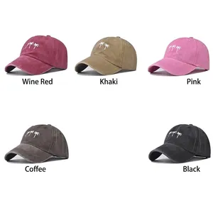 Retro washed cotton baseball caps with palm tree embroidery in five vintage colors