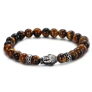 Tiger Eye Stone Beaded Bracelet With 316L Stainless Steel Buddha Head Vintage Retro Religious Style For Men
