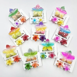 Rainbow plumeria hair claw clip set with colorful gradient flower hair accessories