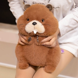Plush groundhog toy with soft brown fur and cute white teeth held by a model