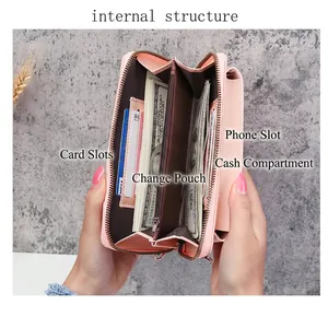 Pink multi-functional long wallet with internal card slots and mobile phone compartment