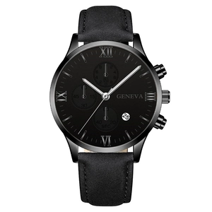 Classic black leather Geneva men's watch with Roman numeral dial and date window