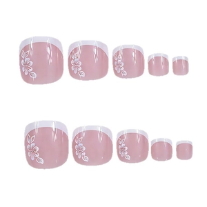 Short square pink press-on toenails with classic white French tips and flower patterns
