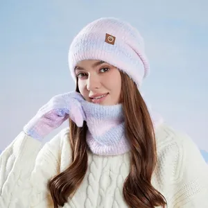 Women's 3-piece winter knit hat, scarf and gloves set in soft gradient pastel colors